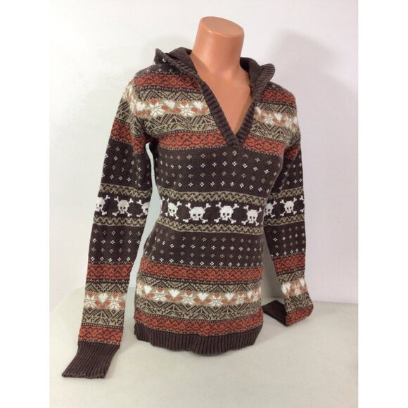 Billabong Vintage Brown Sweater Y2K Skulls Womens Large - Picture 1 of 7